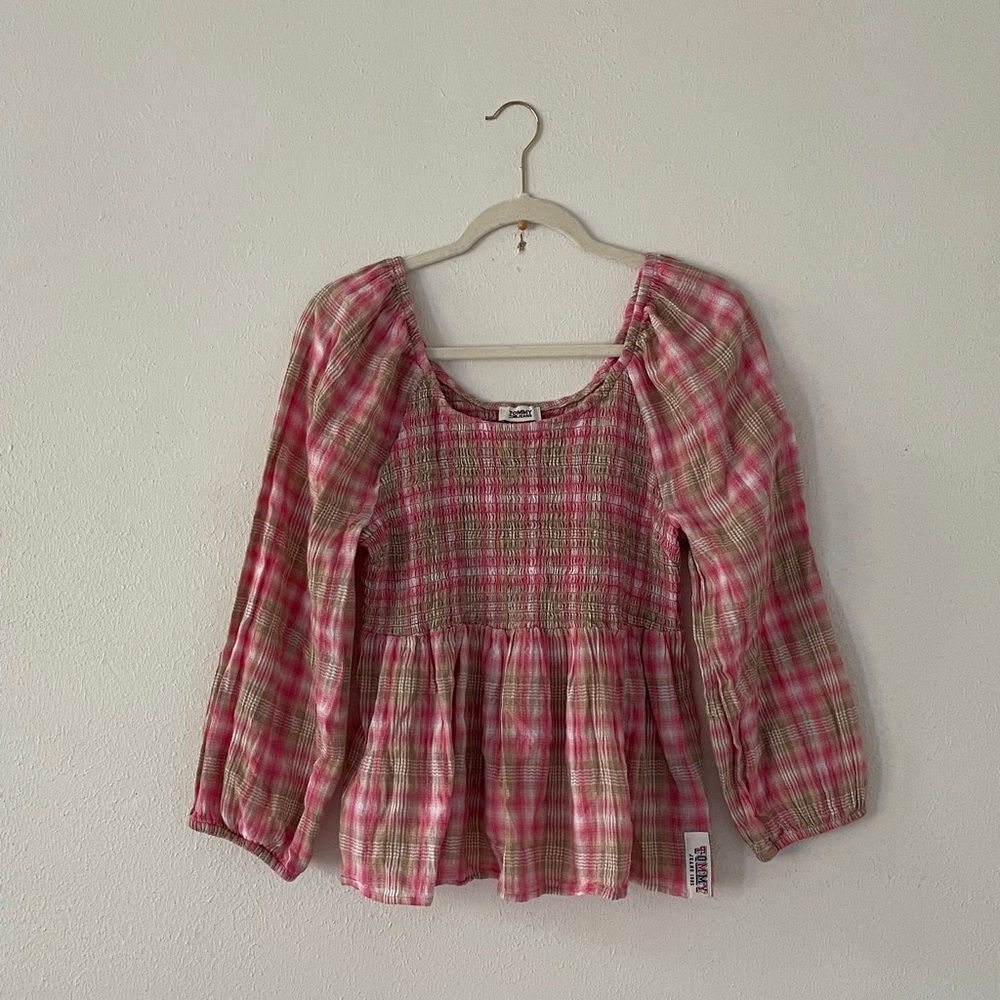Tommy Hilfiger Babydoll Top Plaid Cotton Tommy Jeans Scoop Blouse Pink Preppy